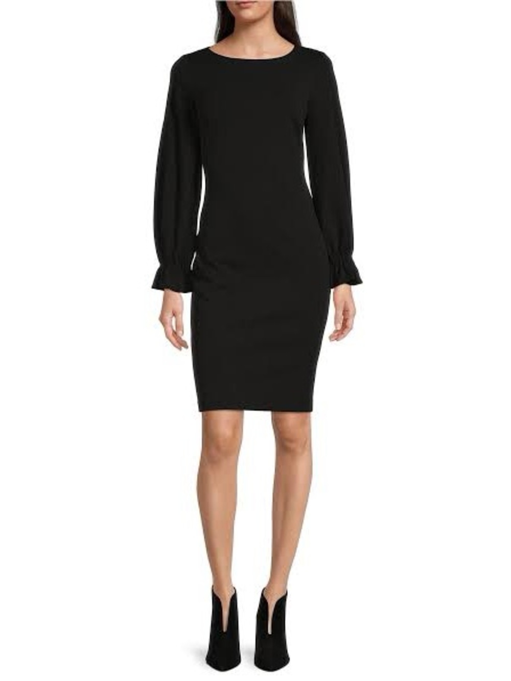 Long Ruffle Cuff Sleeve Round Neck Scuba Crepe Sheath Dress Size 8